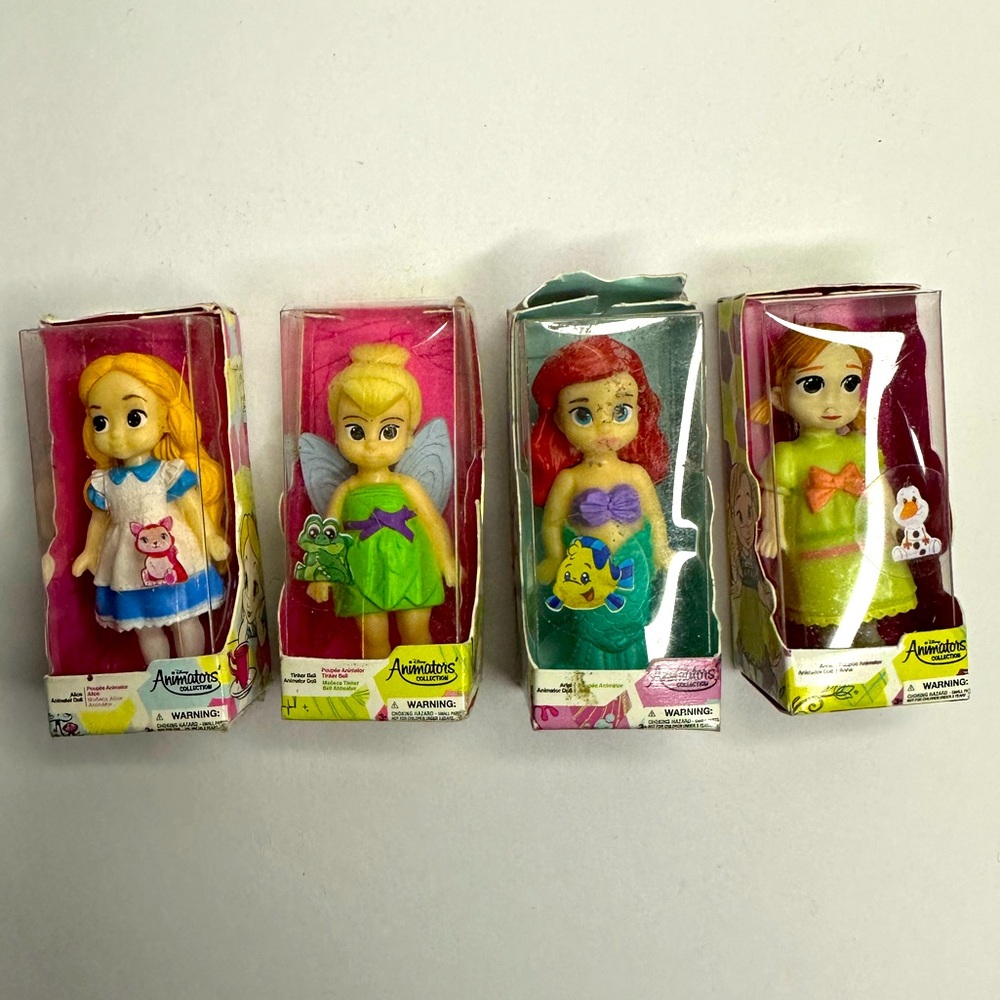 Set of 4 Disney Animators Mini Dolls - Alice, Tinker Bell, Ariel & Anna